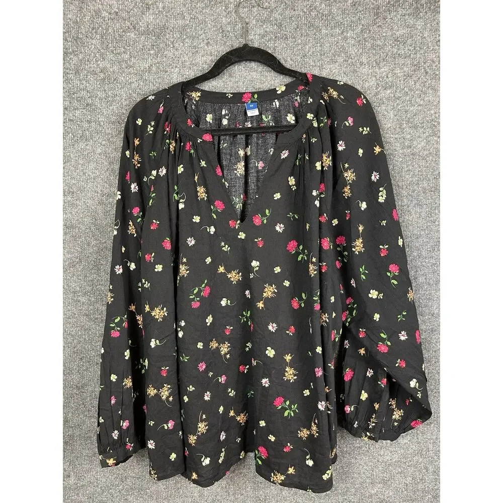 Old Navy Blouse 2X Plus Dark‎ Floral Boho Flowy Puff Sleeve Tassel Peasant Tunic